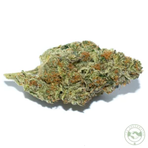 Weed nug of the Jokerz Candy strain with the stem on the left and tip of the flower cola on the right. The nug is sitting on a white background, with The Greenmates logo watermarked in the bottom right corner.